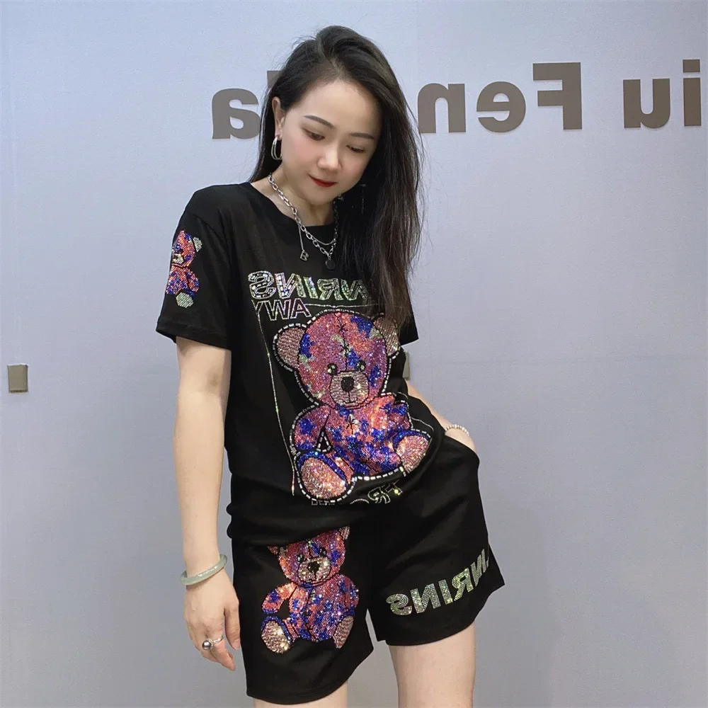 2024 New Summer Women Two-piece Set Hot Drilling Cute Bear Pullover Short Sleeve T-shirt Top + Loose A-line Hot Shorts Suits