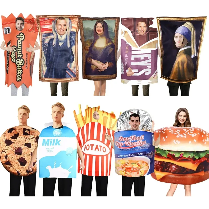 Lustiges Essen, Pommes Frites, Wurst, Milchkekse, Cosplay, Mona Lisa, der Schrei, Halloween-Kostüm, Damen, Weihnachten, Party, Kostüm