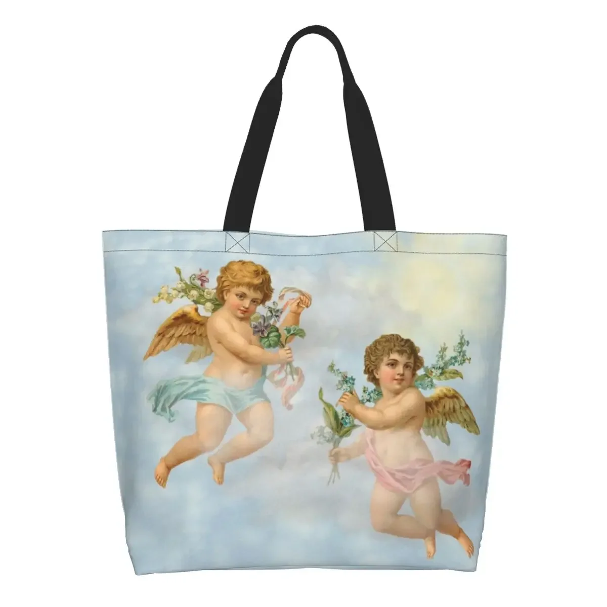 Kawaii Printing Cupid Angels In Heaven Shopping Tote Bag Recycling Canvas Shopper Shoulder Aesthetic Renaissance Angels Handbag