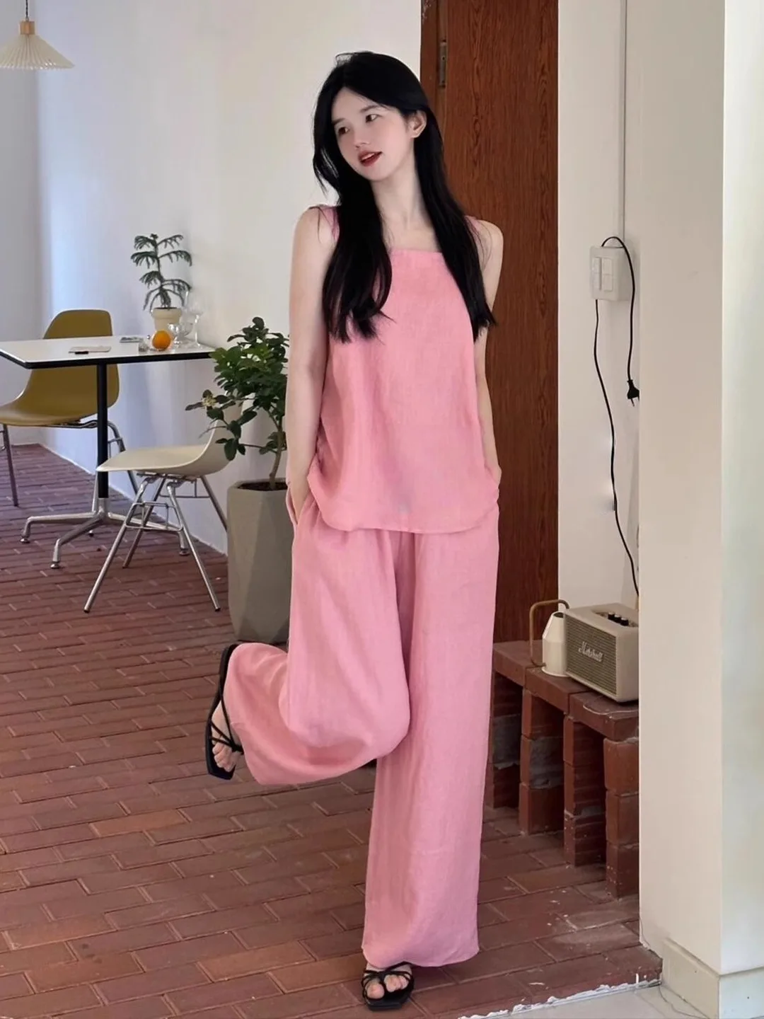 Verão 2025 novo coreano sle casual algodão linho cinta conjunto feminino adolescente sentimento rosa topo calças de perna larga conjunto de duas peças