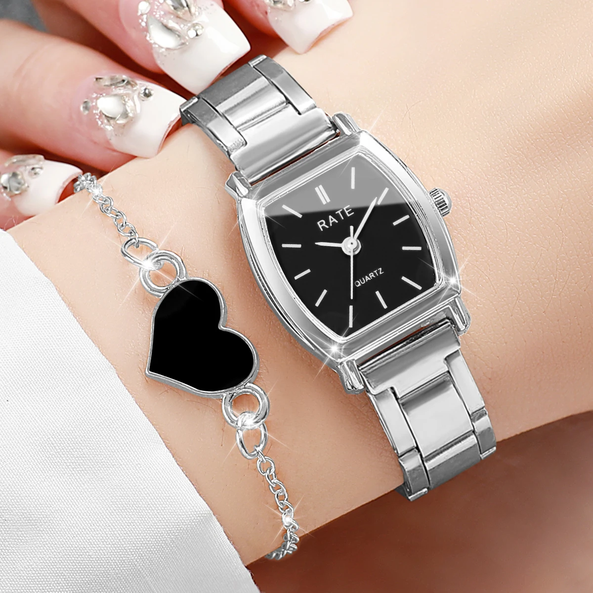 2PCS Fashion Quartz Watch for Women's Watches Alloy Band Ladies Watch Heart Bracelet Set Reloj Mujer Girls Clock (Without Box)