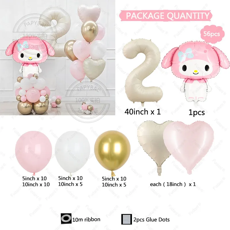 56pcs Kawaii Anime My Melodys Girl Birthday Party Decoration With Number love heart Foil Globos Baby Shower Party Supplies