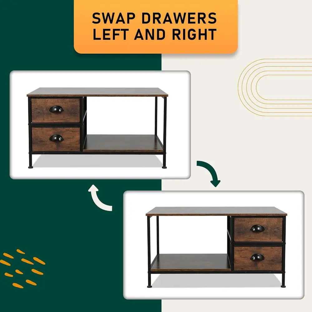 Storage Drawer Coffee Table for Living Spaces, 2-Tier Brown Wood Rectangular Table, Metal Accent Side Table