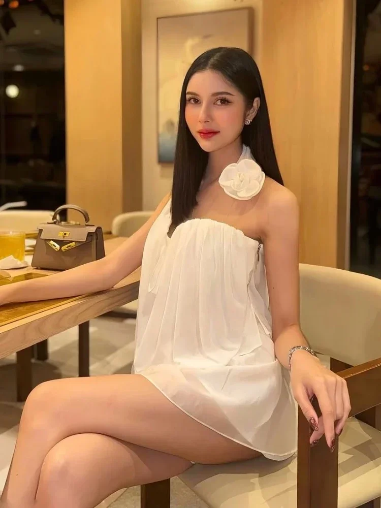 2025 Women White Skirt Two Piece Set Sexy Flower Halter Neck Top + A-line Mini Dresses Suits Evening Party Cocktail Clubwear