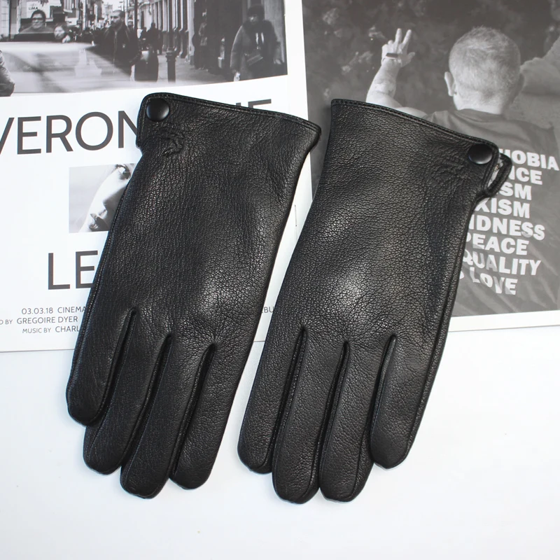 Guantes de piel de ciervo para hombre, forro de piel de conejo corrugado, forro de terciopelo cálido de invierno, guantes de lana recta de punto de