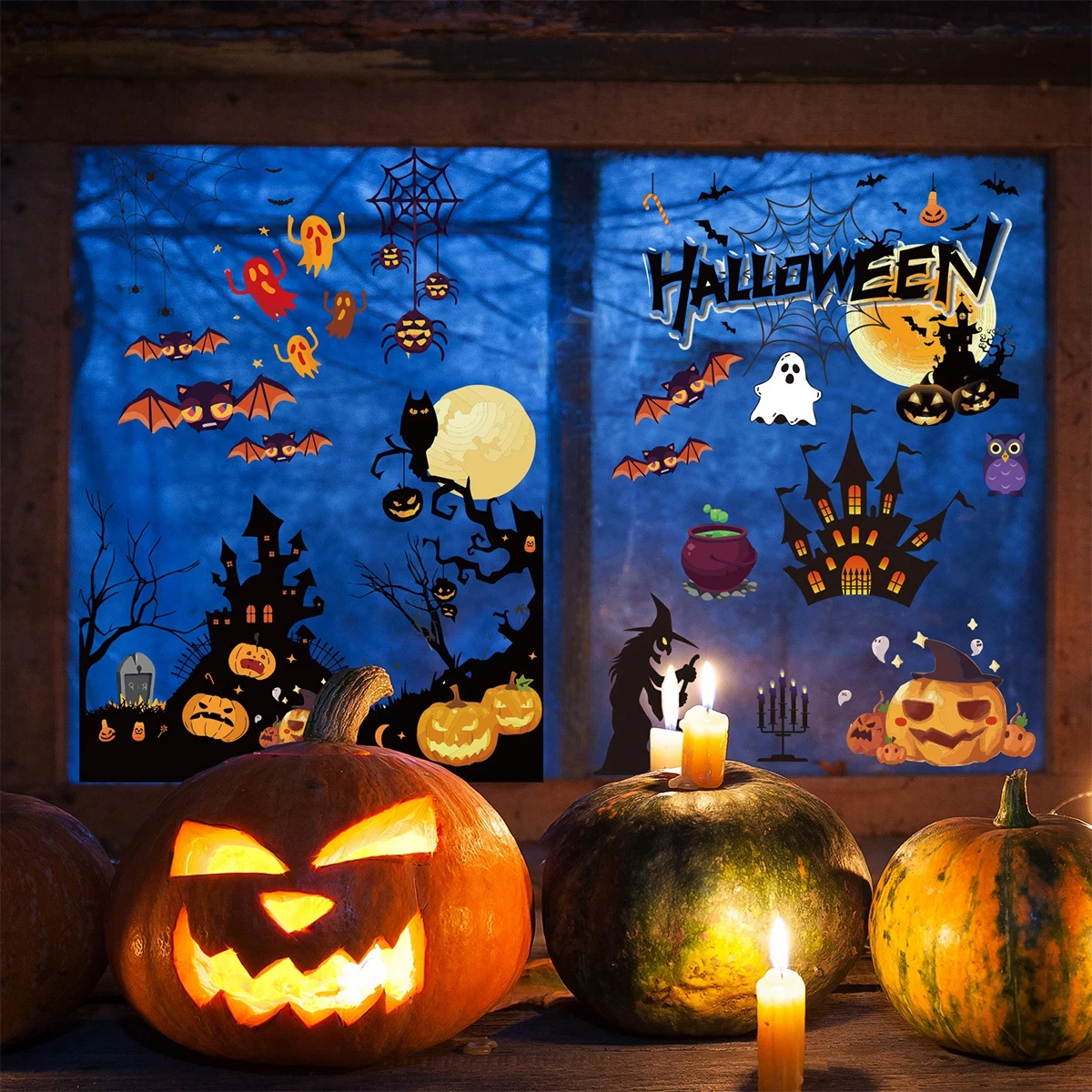 Halloween Window Stickers Happy Halloween Party Decoration For Home 2024 Trick Or Treat Pumpkin Bat Ghost Horror Party Supplies