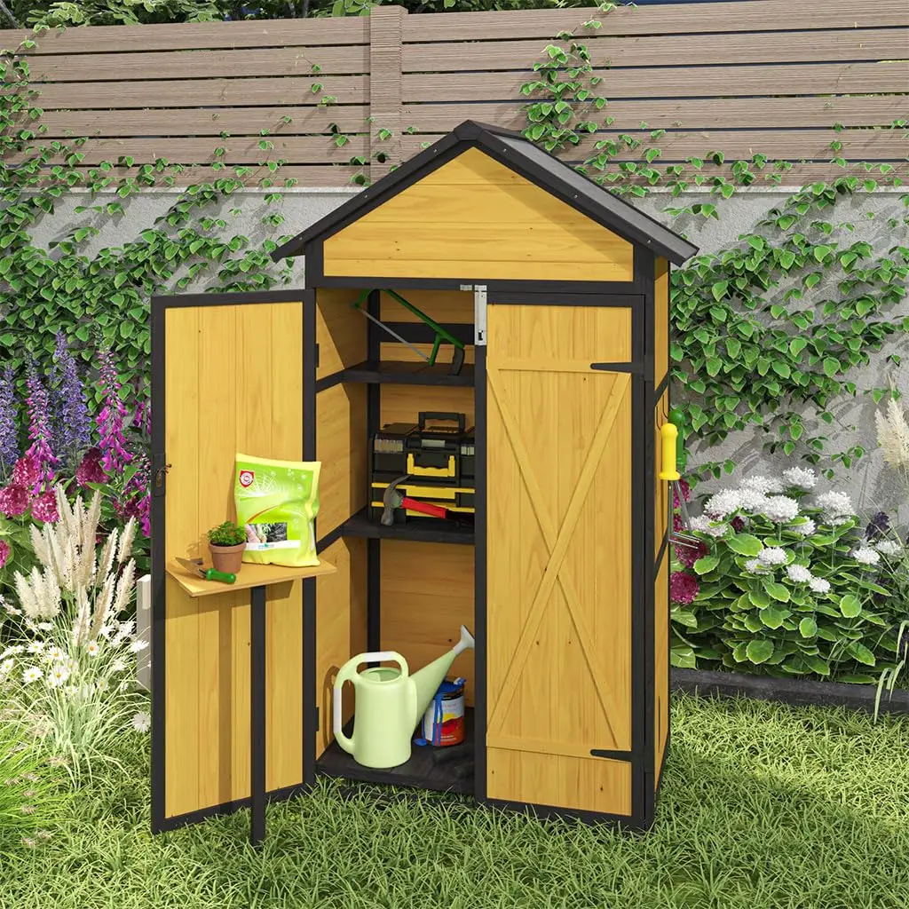 Outdoor Storage Cabinet with Folding Table, Weatherproof Garden Tool Shed with Adjustable Shelves & Hooks, Raised Base