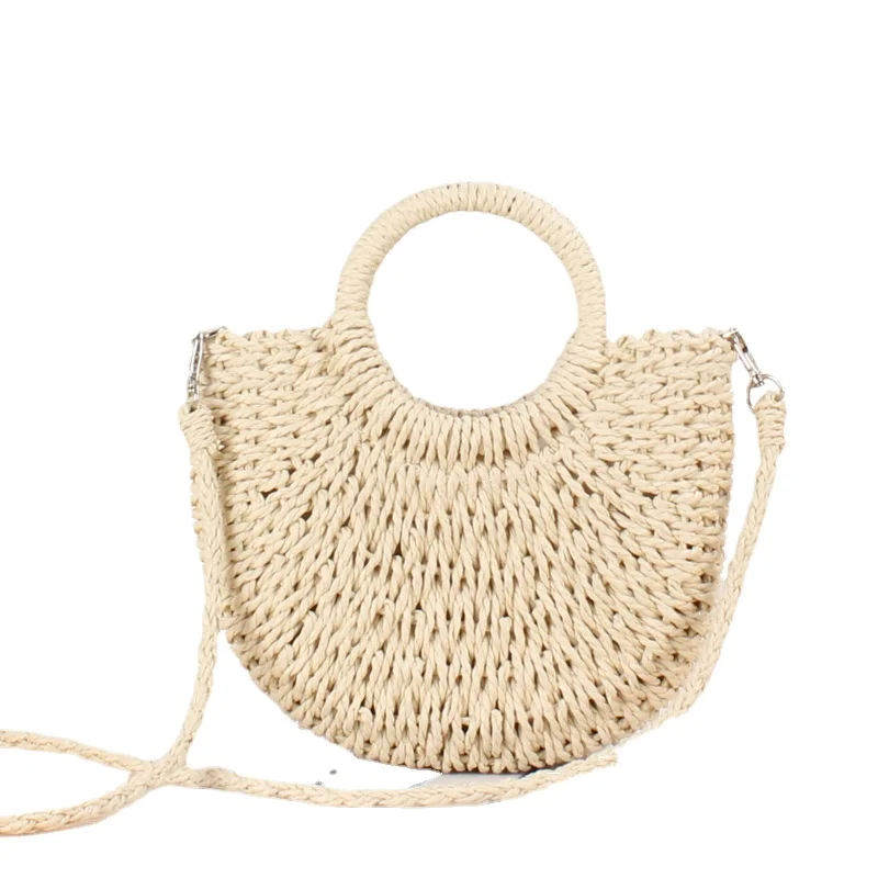 2023 Fashion Summer Women\'s Handmade Bag Beach Woven Women\'s Straw Bag Wrapped Beach Bag Moon Shaped Top Handle Handbag