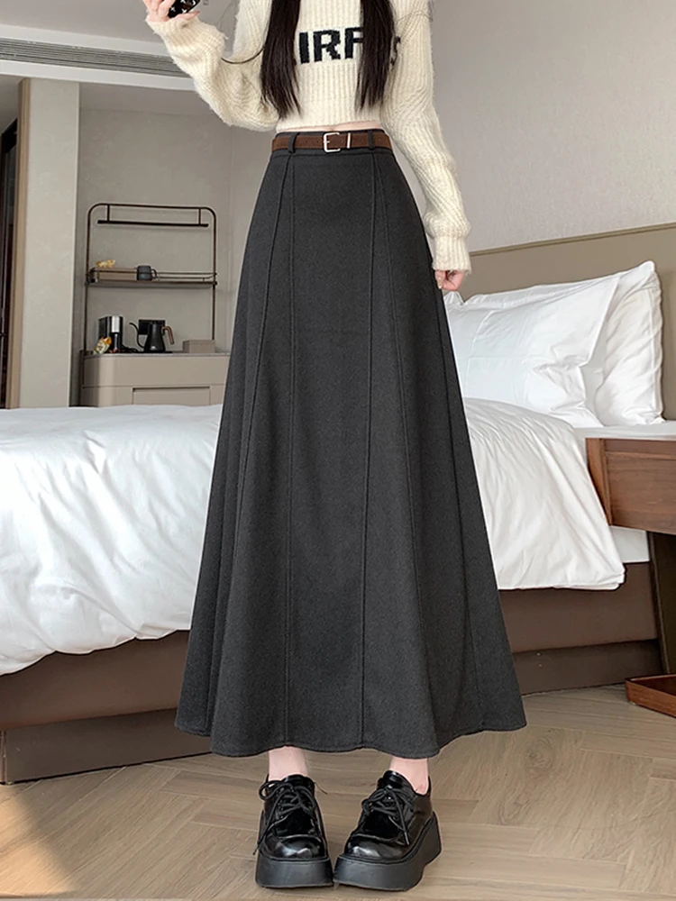 

Faionable High Waist Wide Leg Midi Skirt Women's Autumn Winter Woolen Skirt Ele Busin Casual A-Line Skirt