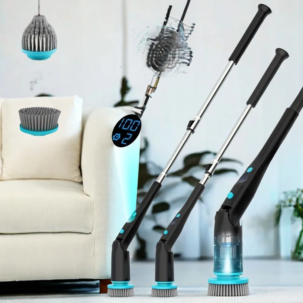 Electric Spin Scrubber, Cordless Cleaning Brush with 7 Replaceable Heads and Dual Speed, Detachable Long Handle for Bathroom, Tu