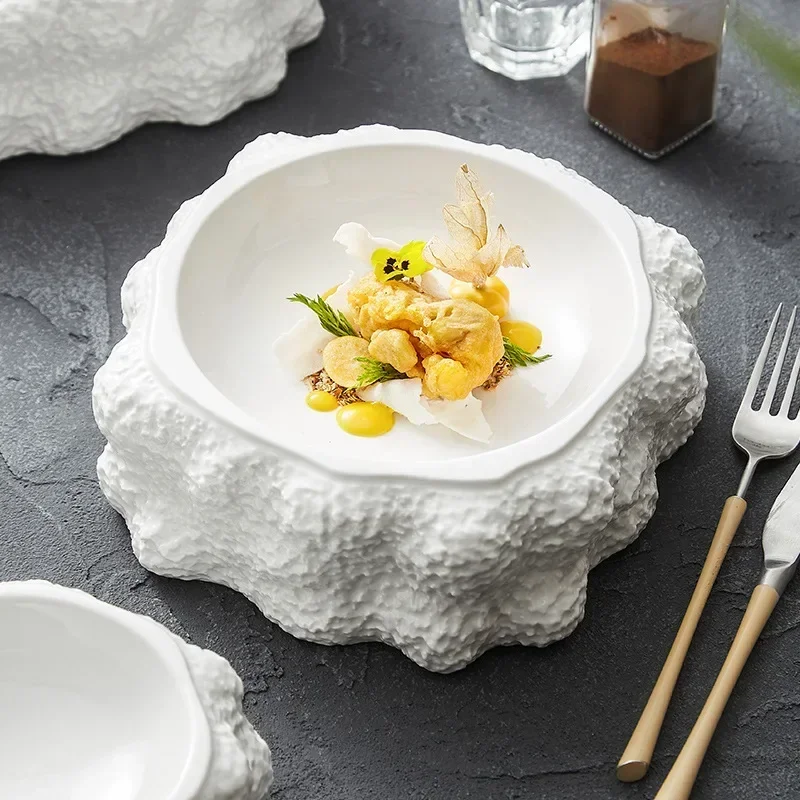 Rock pattern cold dish, white special-shaped private cuisine, tableware, shallow