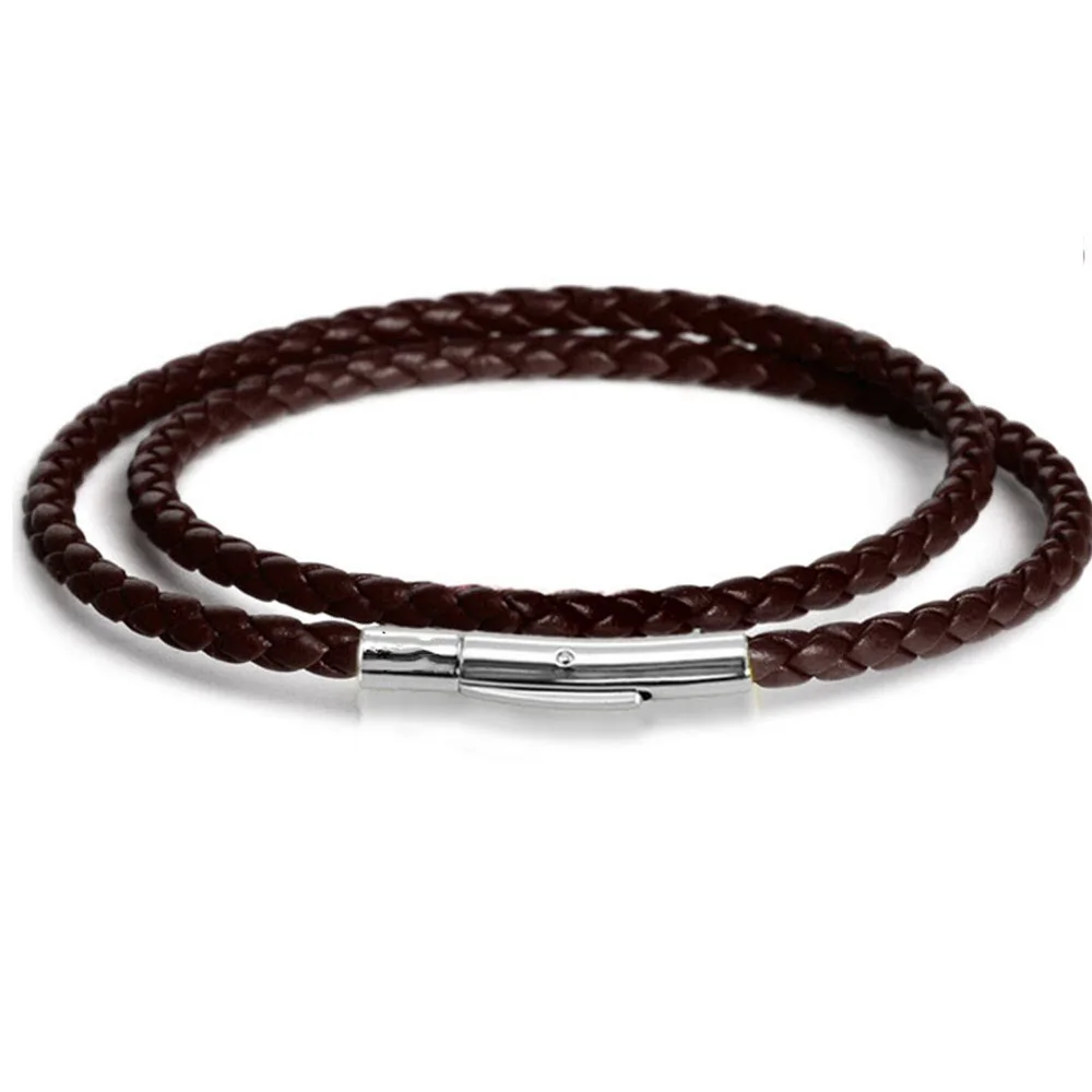 40/50/60cm 3mm 4mm 5mm Black Brown Braid Leather Cord DIY Pendant Necklace Jewelry Making Thread Rope Steel Clasp String Chain