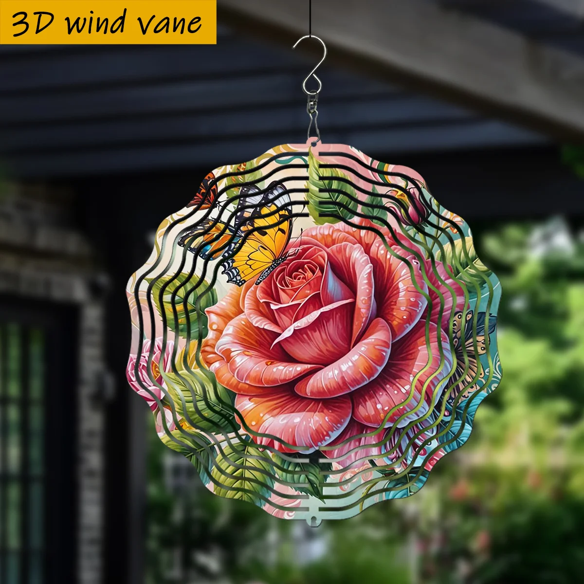 3D Red Rose Butterfly Wind Spinner - 10 Inch Metal Art with 360 Swivel Hook for Christmas Halloween Garden Patio Gift
