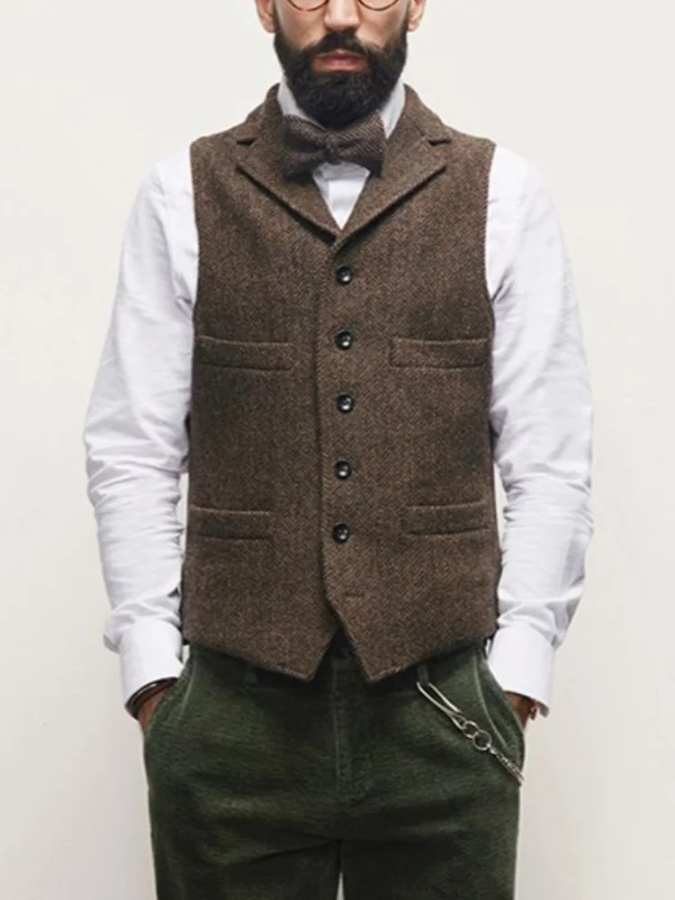 Men's Vintage Herringbone Tweed Vest British Retro Blazer Waistcoat Slim Fit Heavyweight Wool Blend Gilet for Fall Winter