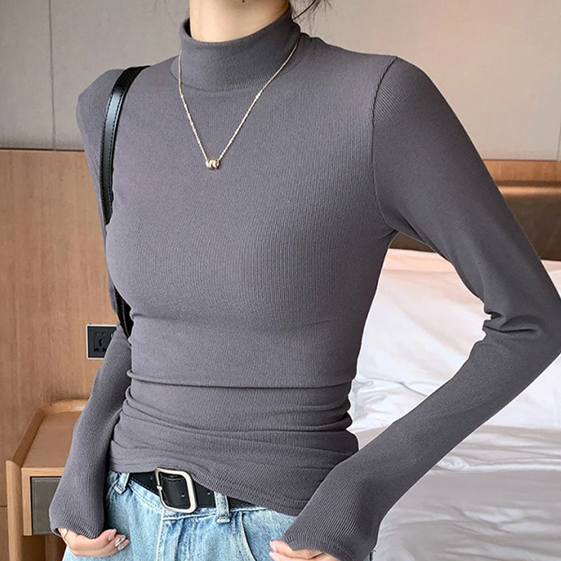Women's Ribbed Knitted Thermal Bottoming Shirts Autumn Winter Simple Solid Color O-Neck Shirts Women Basic Casual Stretch Top