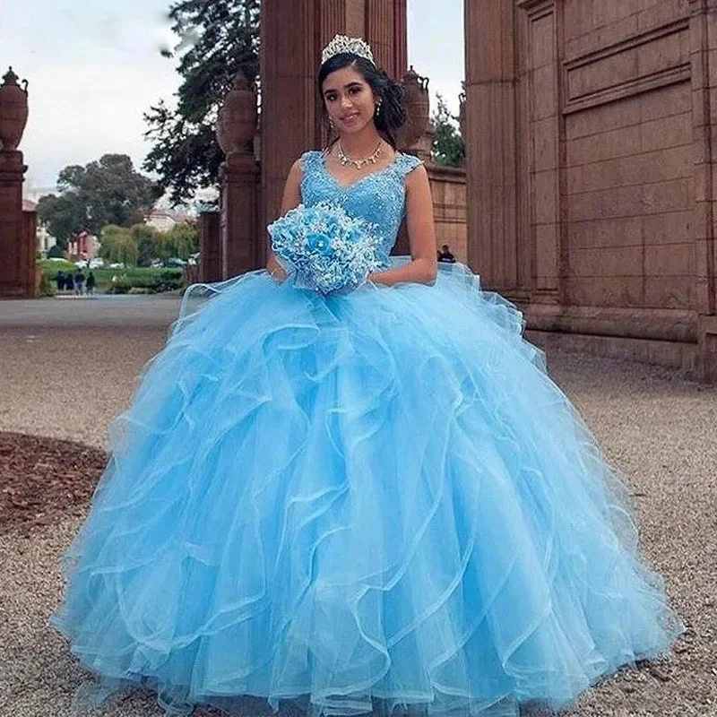 Vestido azul Princesa Quinceanera, Doce 16 Vestido de Baile, V-Neck Ruffles Apliques, Masquerade Birthday Party Gowns, Quente