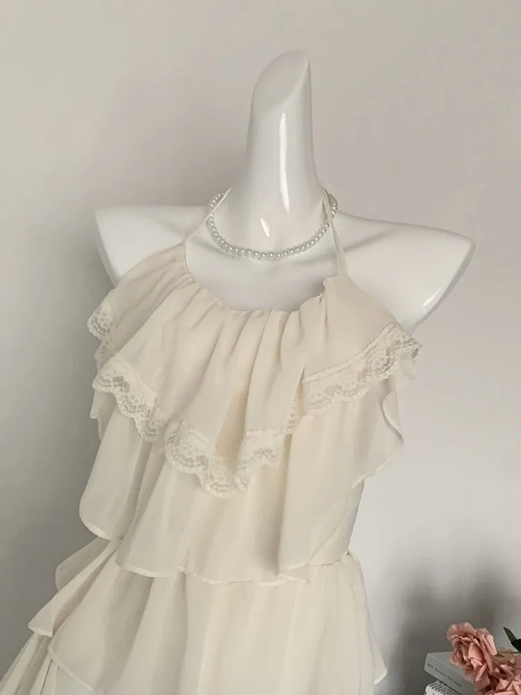 French Ruffle Spaghetti Strap Dress Solid Fashion Party Prom Sundress Ruffle Sleeveless 2000s Aesthetic Sweet Fairy Dress Chic