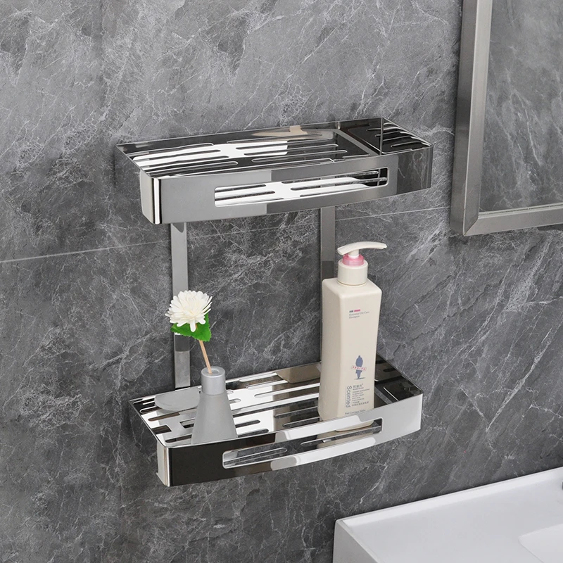 304 stainless steel bathroom corner shelf double-layer rectangular wall-mounted bathroom shelf bathroom toilet storage rack