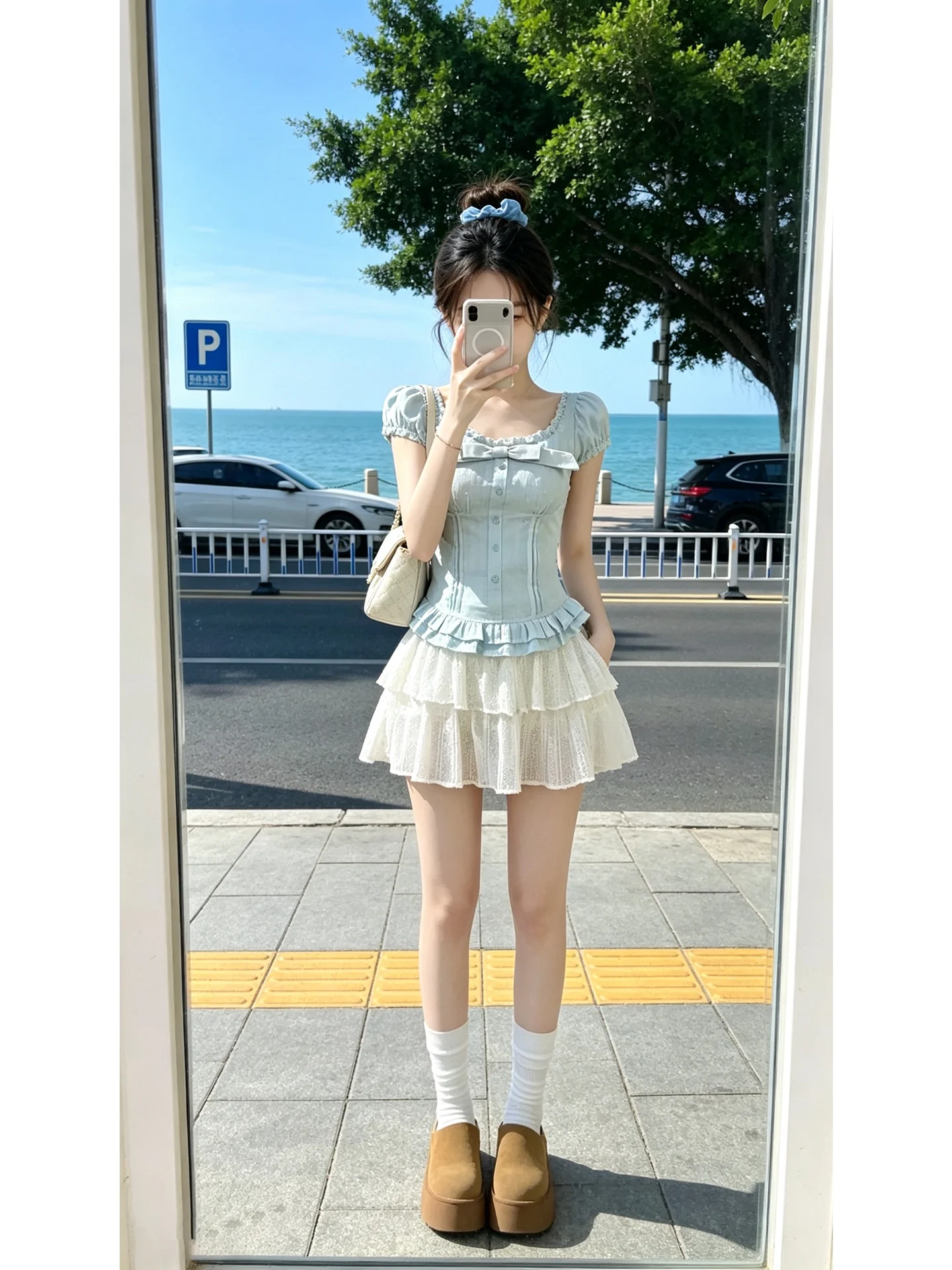

Summer Blue Short Sleeve Knot Top And Polka Dot Skirt Set Women's Fashion Outfit Cake Short Skirt Student Uniform