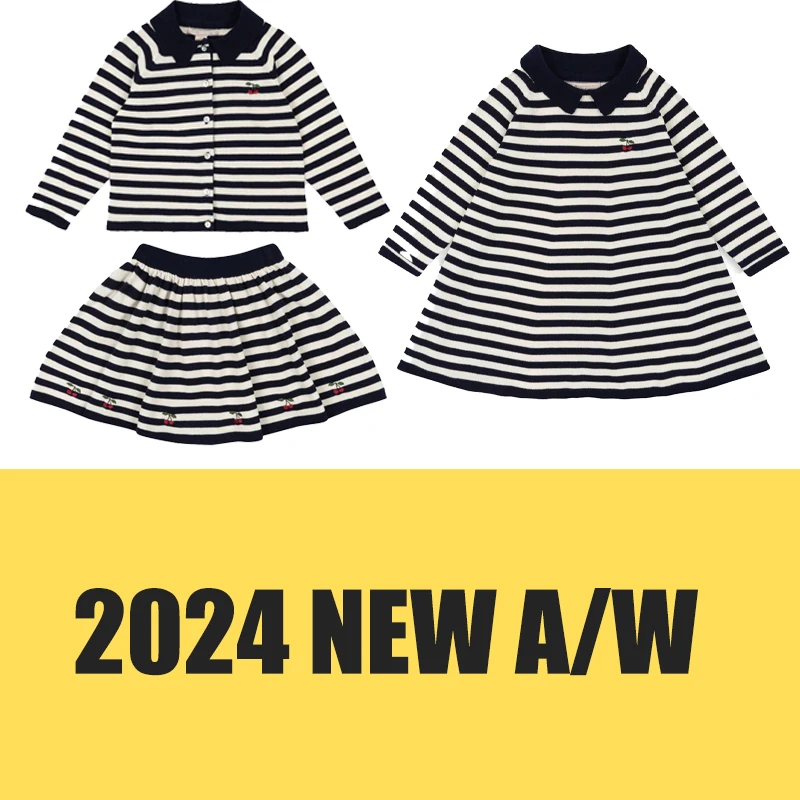 

Girls' Striped Dress 2024 New Autumn Winter Kids Black and White Striped Jacket Short Skirt Set Embroidered Dress for Baby Girl