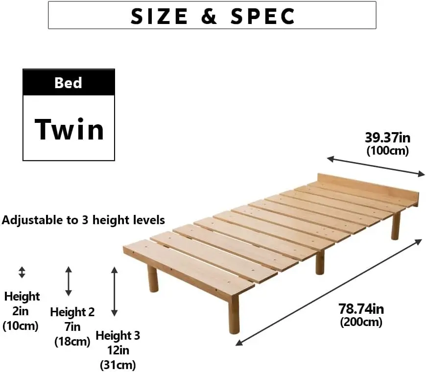 EMOOR Wood Slatted Floor Bed Frame OSMOS Twin for Japanese Futon Mattress Solid Pine (Retro-Brown), Height Adjustable