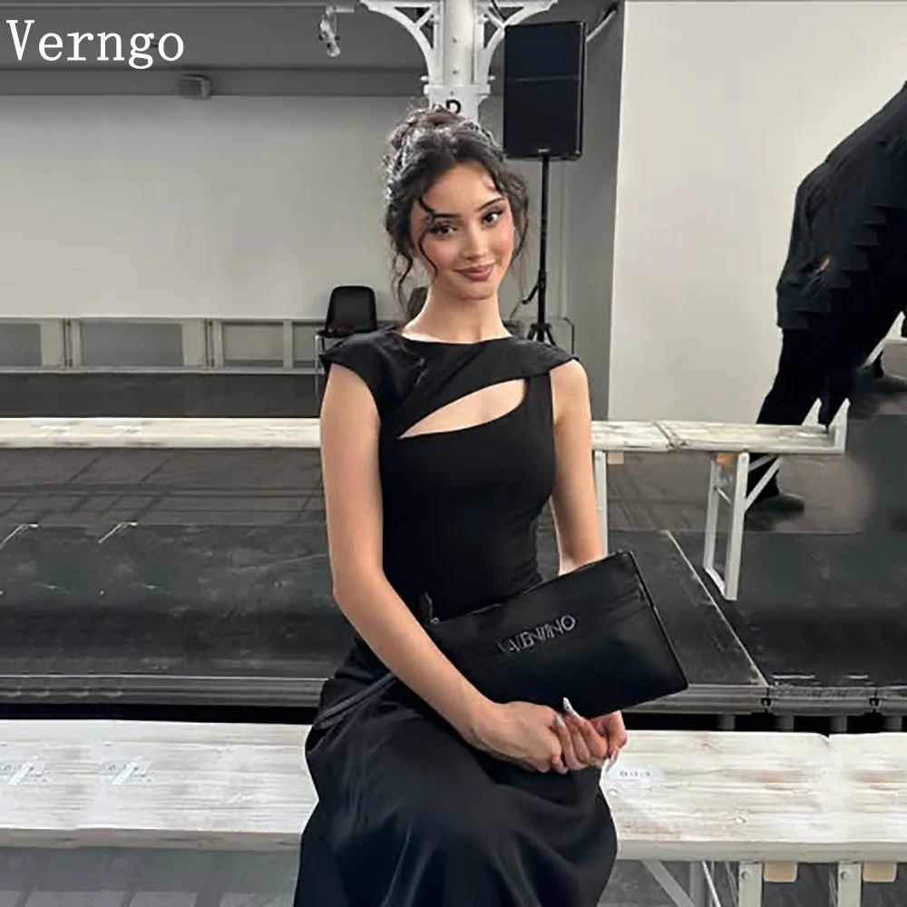 

Verngo Black Satin Evening Dress O Neck Mermaid Maxi Formal Occasion Dress Cut Out Saudi Arabia Prom Gowns Customized