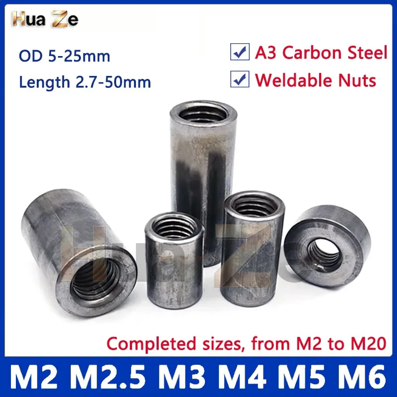 5/100pcs Extended Round Nut M2 M2.5 M3 M4 M5 M6 A3 Carbon Steel Threaded Sleeve Bushing Weldable Cylindrical Nut Length 2.7-50mm