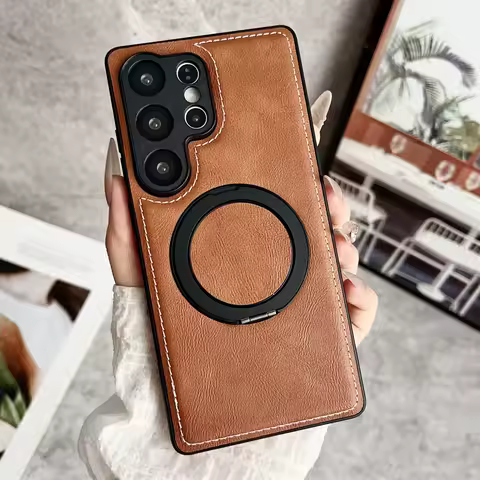 Luxury For Magsafe Magnetic Stand Holder Leather Case For Samsung S25 Ultra S24 S23 S22 Plus S21 FE A56 A55 A54 A36 A35 Cover