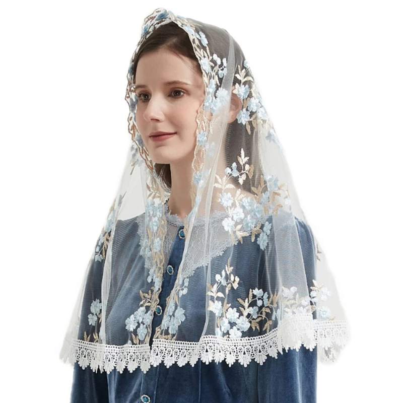 D شكل مانتيلا الحجاب الكاثوليكية أبيض أسود أبيض تول لغطاء رأس الكنيسة الشامل خمر مصلى الأزرق الزهور المطرزة