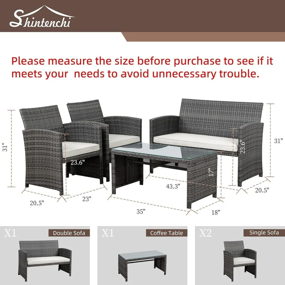 4 Piece Patio Ratten Set Outdoor Furniture Set Wicker Conversation Set with Cushions and Tempered Glass Tabletop,Beige