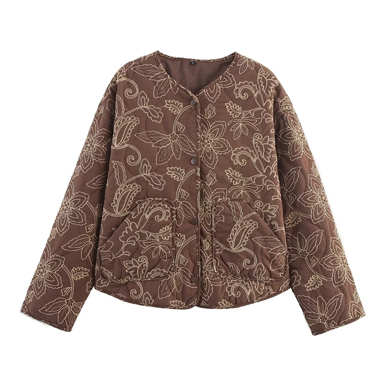 

YENKYE 2025 женская стеганая куртка с длинным рукавом и круглым вырезом с карманами и вышивкой, однобортная осенняя повседневная винтажная верхняя одежда