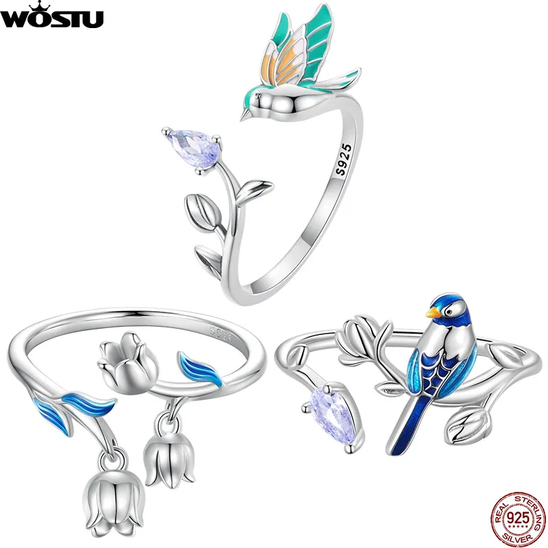 WOSTU 925 Sterling Silver Blue Bird Flower Ring Lily of the Valley Natural Finger Open Ring Fine Jewelry Gift for Fashion Women