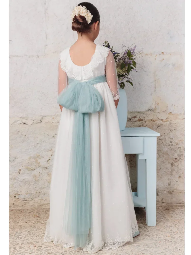 فساتين فتاة الزهور مزينة بالدانتيل الأبيض مع شريط فيونكة نصف كم لحفلات الزفاف وأعياد الميلاد وحفلات الأميرة