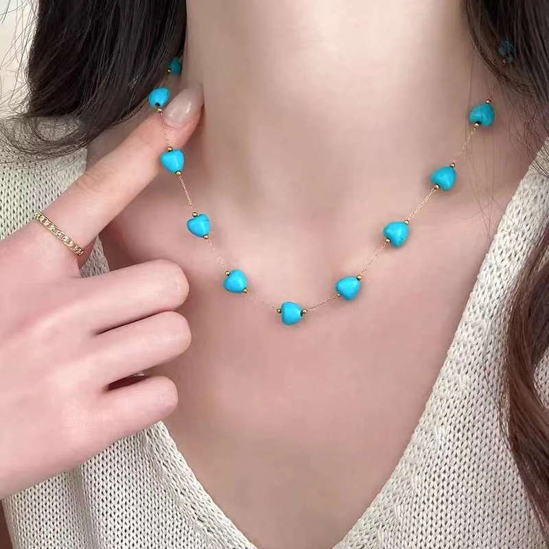 Retro Türkis Herzförmige Edelstahl-Halskette in Goldfarbe für Damen, Sexy Choker Schlüsselbein-Kette Schmuck-Accessoire – Detail 6