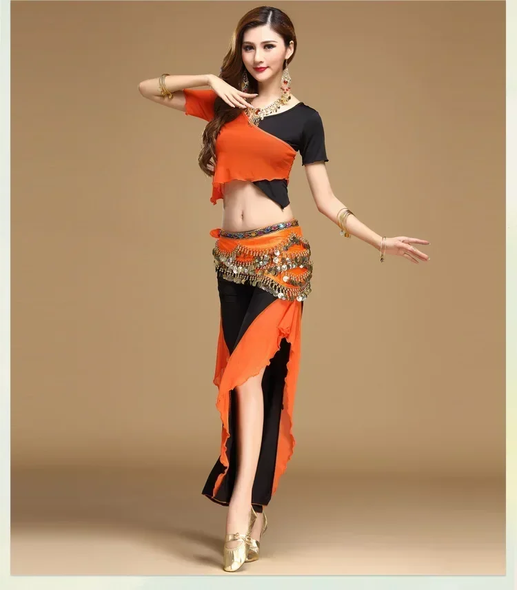 Quality Belly Dance Costume Bellydance Pratice Clothing Indian Set Gauze Cloth Pants Color Block Set 8 Colors Top&Pants&Belt