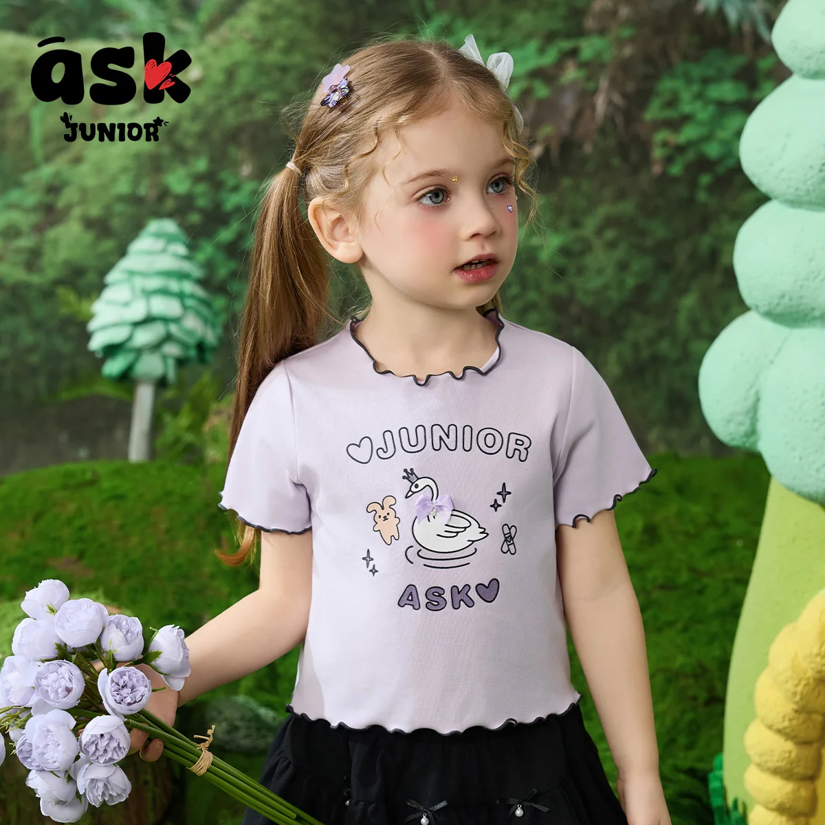 تي شيرت صيفي للفتيات بأكمام قصيرة مطبوع عليه رسوم كرتونية متباينة من Ask Junior Children #2