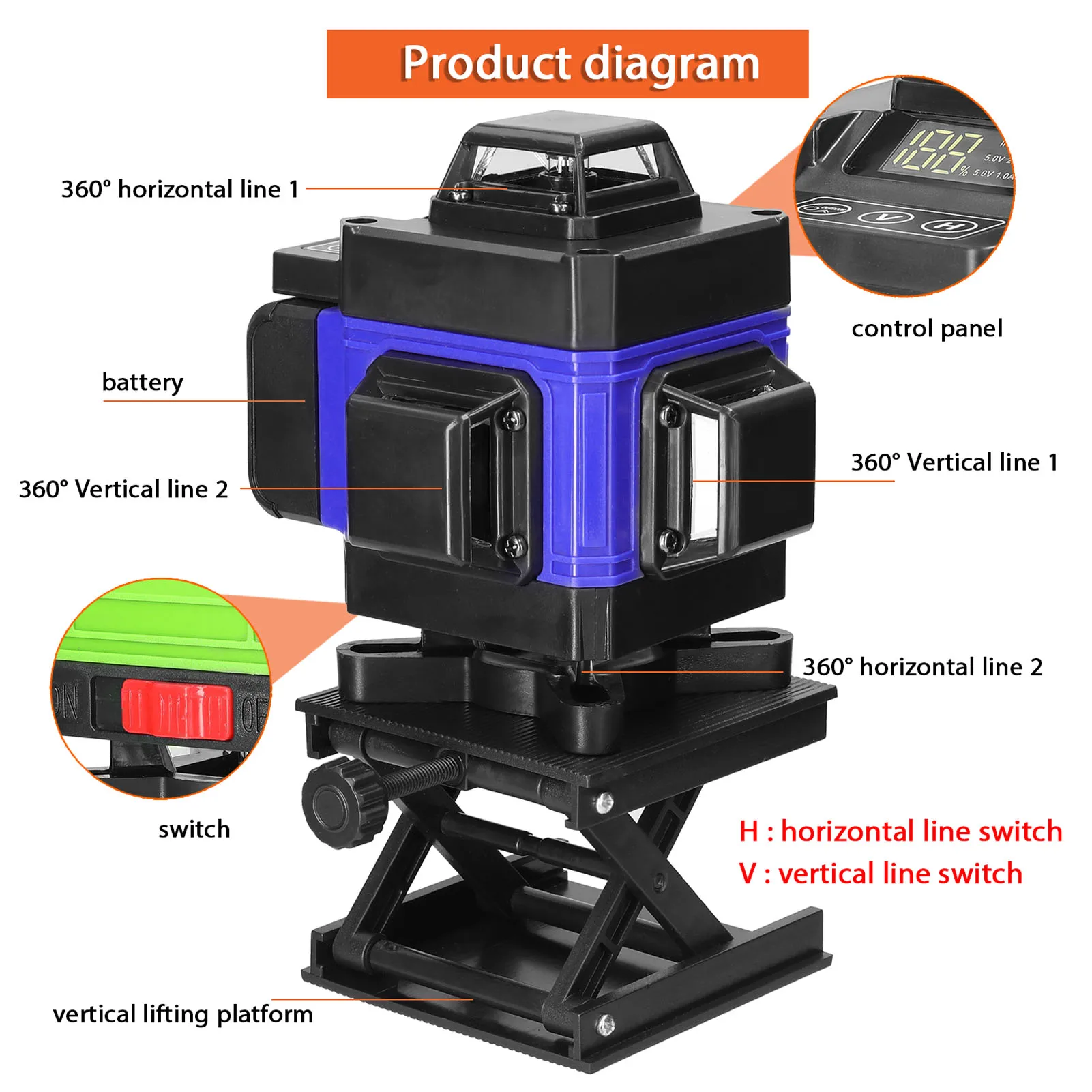 4D 16 Lines Laser Level 360 ° Self-leveling Machine USB Rechargeable Lithium Battery Leveling Tool with Adjustable Tripod Stand