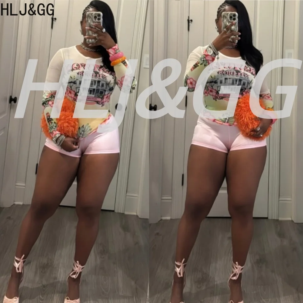HLJ&GG Trend Y2K Mesh Letter Print See Though Two Piece Sets Women O Neck Long Sleeve Slim Crop Top And Shorts Outfit Streetwear