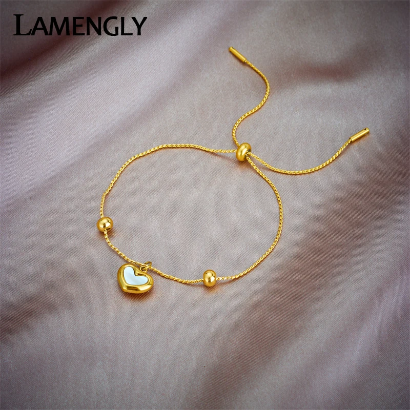 LAMENGLY 316L Stainless Steel Heart Charm Adjustable Drawstring Bracelet For Women New Trendy Non-fading Jewelry Birthday Gifts