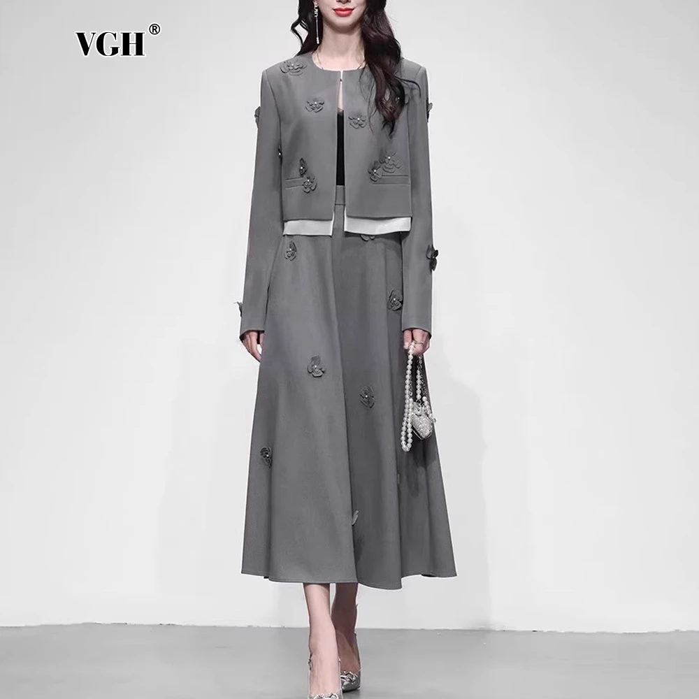 VGH Spliced Appliques Chic Skirt Sets For Women Round Neck Long Sleeve Coat High Waist A Line Skirts Solid Slim Set Female New