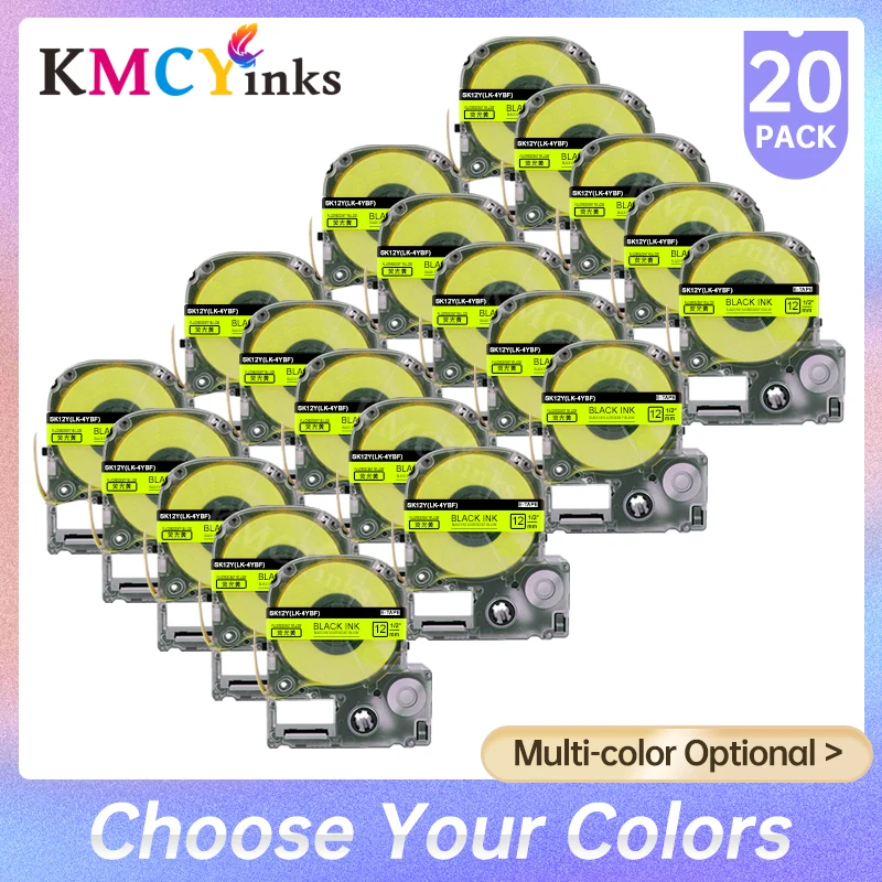 

20PK Black on Fluorescent Yellow Labels Tape 12mm*5m For EPSON SK12Y LK-4YBF LW-300 LW-400 LW-600P LW-700 Label Printer Maker