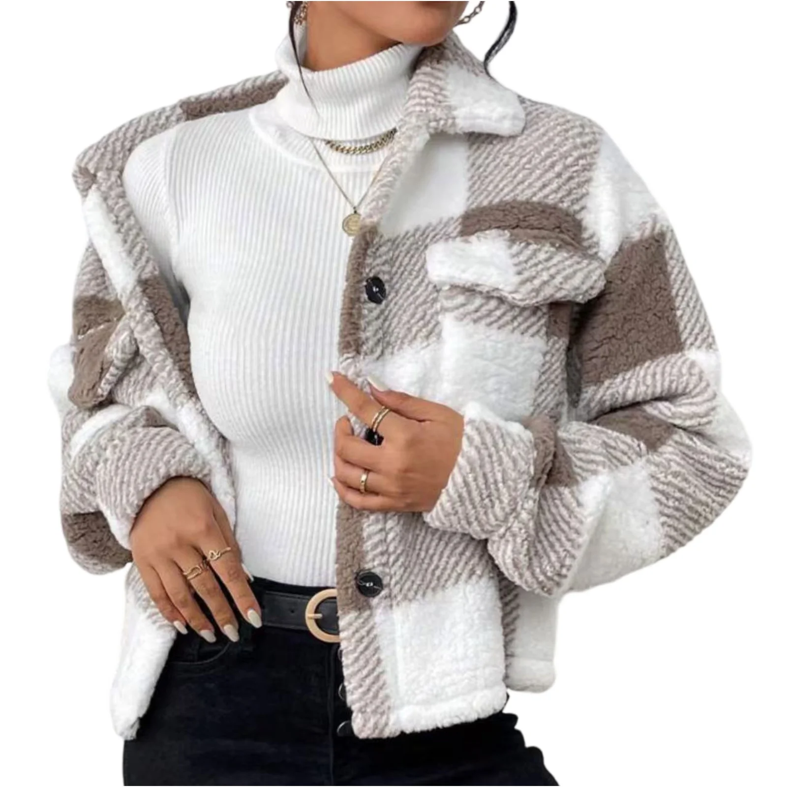 

YHOPE Women's Plaid Double-sided Plush Patch Pocket Button Cardigan Casual Top Jacket
