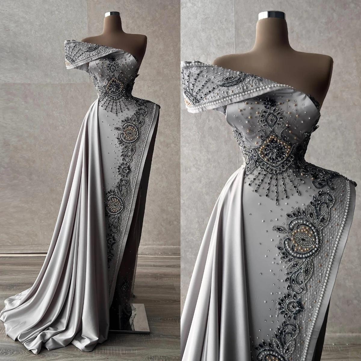 Elegante vestido de noche gris de un hombro con perlas de cristal, vestidos de graduación de sirena de satén, vestido de fiesta hecho a medida