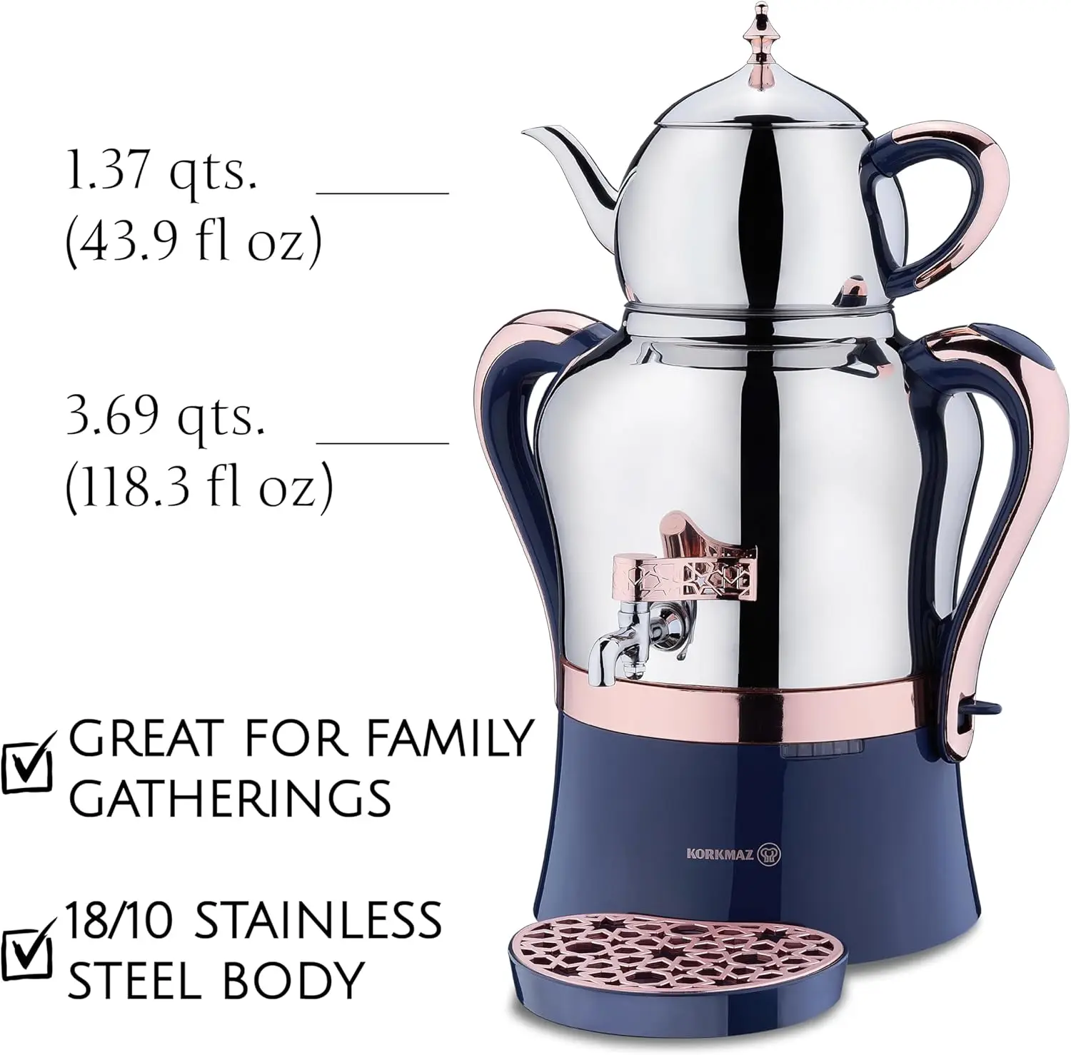 Korkmaz Tea Maker Set | Stainless Steel Samovar, Electric Teapot Set for Gift, Housewarming, Family Gathering | Inox-Rose Gold,