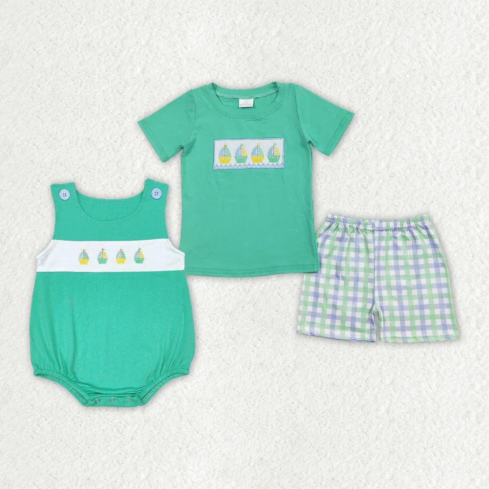 

BSSO0887 Wholesale Mtahcing baby boy clothes Embroidered boat short-sleeved shorts sets Summer Boutique toddler boys sets