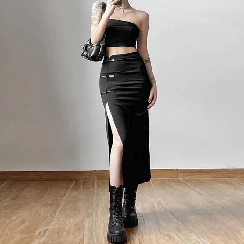 

Vintage Slit Balck Skirt for Women Spring Summer High Street Sexy Hottie Female A-line Skirt Fashion Y2k Clothes