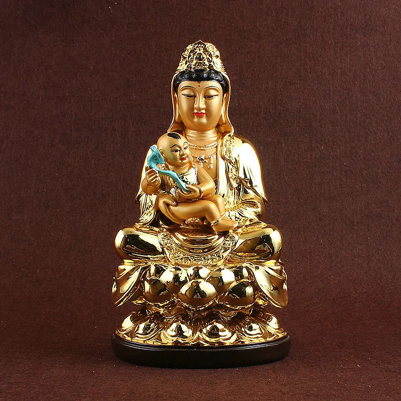 

30cm Gold Plated Super Big Guanyin Baby Buddha Statue,Resin Sweeping Demon Lotus Base Mascot Home Putting Decoration