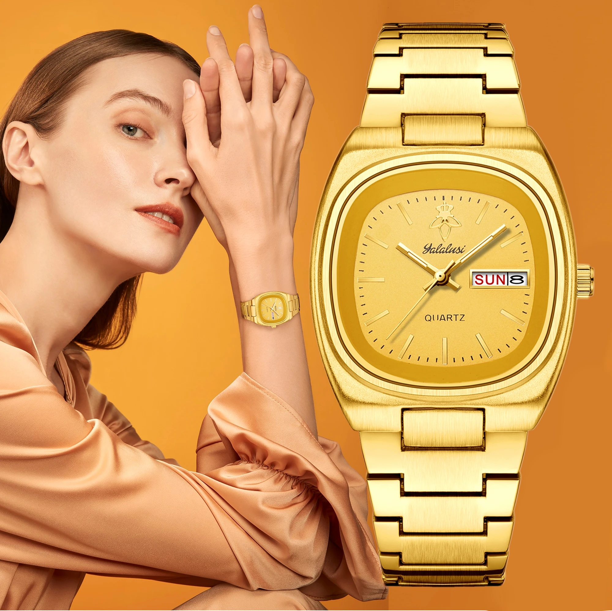 YaLaLuSi Vintage Gold  Ladies Watch Dual Calendar White Simple Dial  Waterproof Quartz Dress Wrist Watch