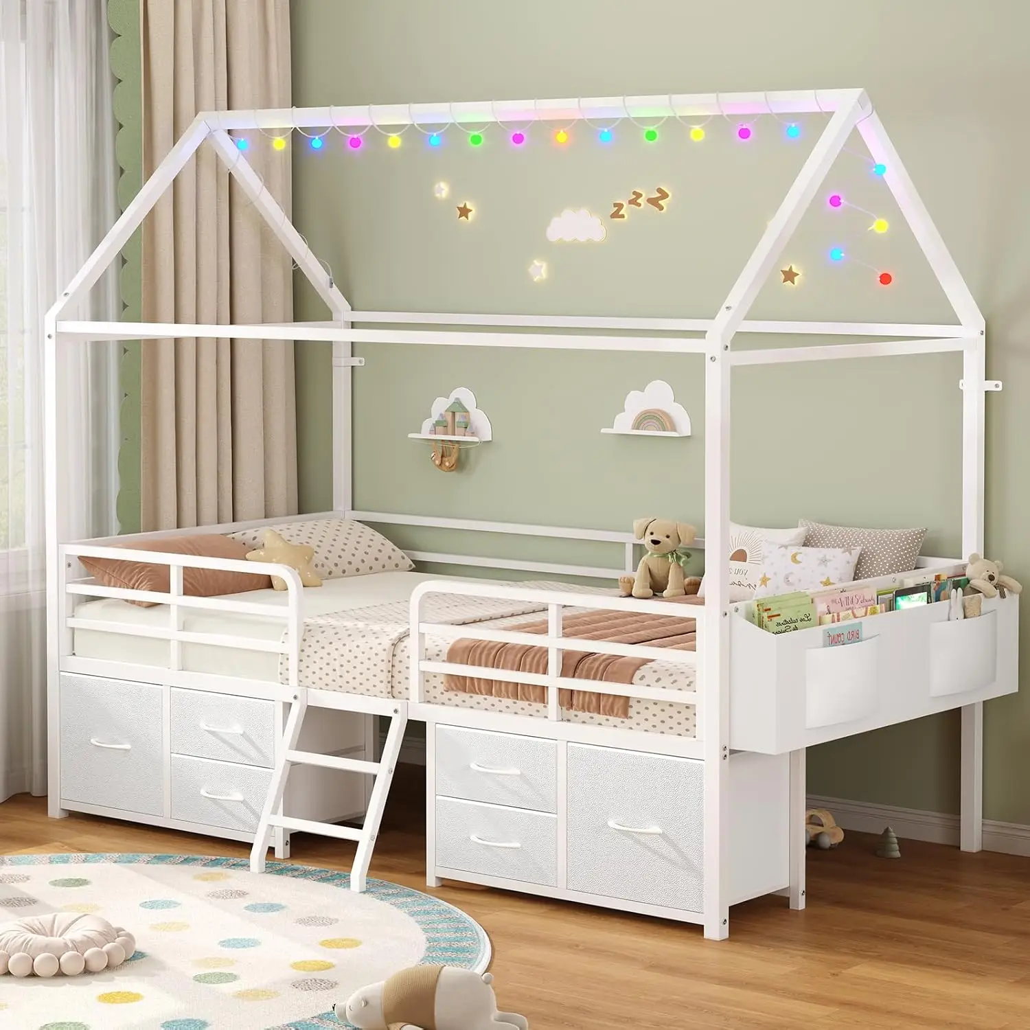 Twin Size Bed Frame with 6 Drawers,House Bed with Globe String Lights Plug in,Metal Kids Bed with Safety Guardrail & Inclined La