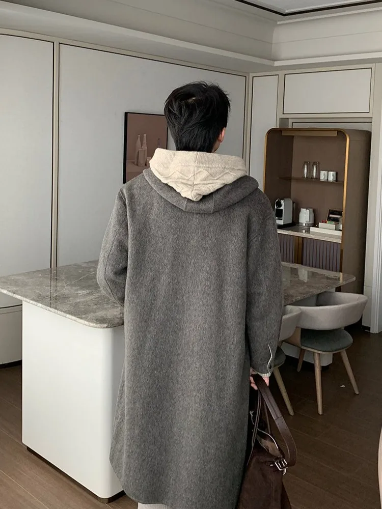 Top Quality Youth Male Mid-length Double-sided Woolen Coat Men Thick Warm Hooded Wool Blends Leisure Streetwear Loose Overcoat